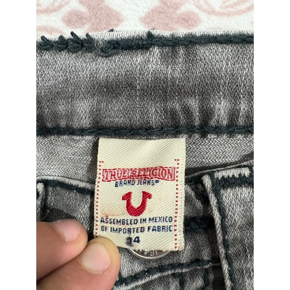 True Religion Boys Gray Straight Leg Jeans Size 14 Thick Stitch Horseshoe Logo